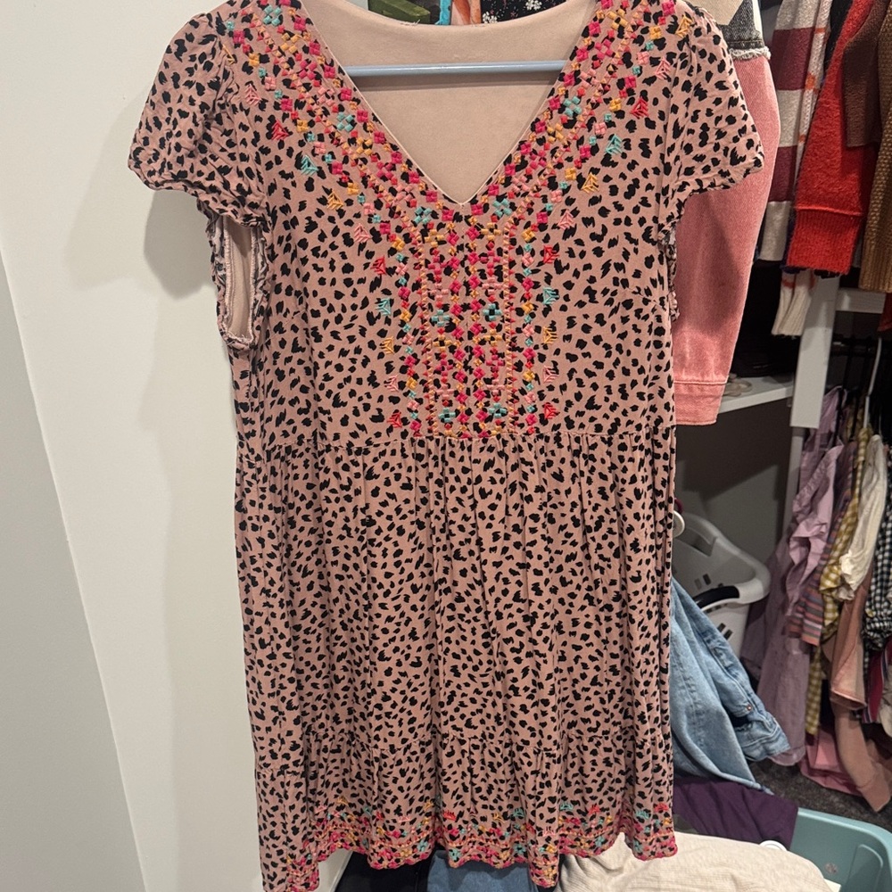 Entro Pink Leopard Print Dress with Floral Embroidery